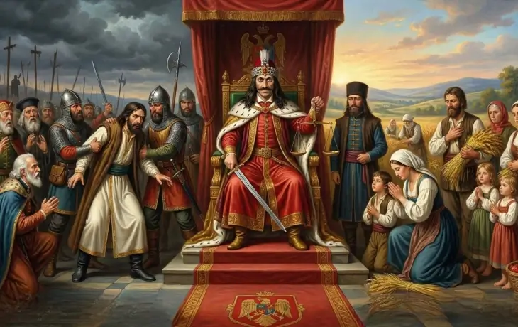 Tahtında oturan bir orta çağ hükümdarı ve etrafında toplanmış askerler ile halkın yer aldığı sahne tasviri.